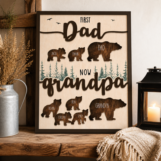 Personalized Grandpa Sign, First Dad Now Grandpa Wood Decor, Custom Kids Names Bear Family Wall Art, Gift for Grandfather