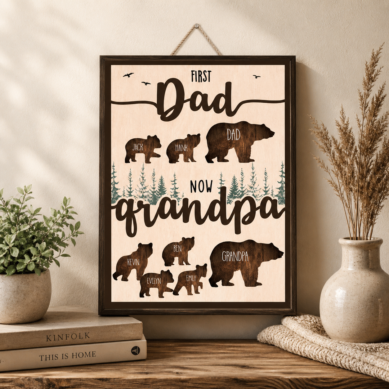 Personalized Grandpa Sign, First Dad Now Grandpa Wood Decor, Custom Kids Names Bear Family Wall Art, Gift for Grandfather