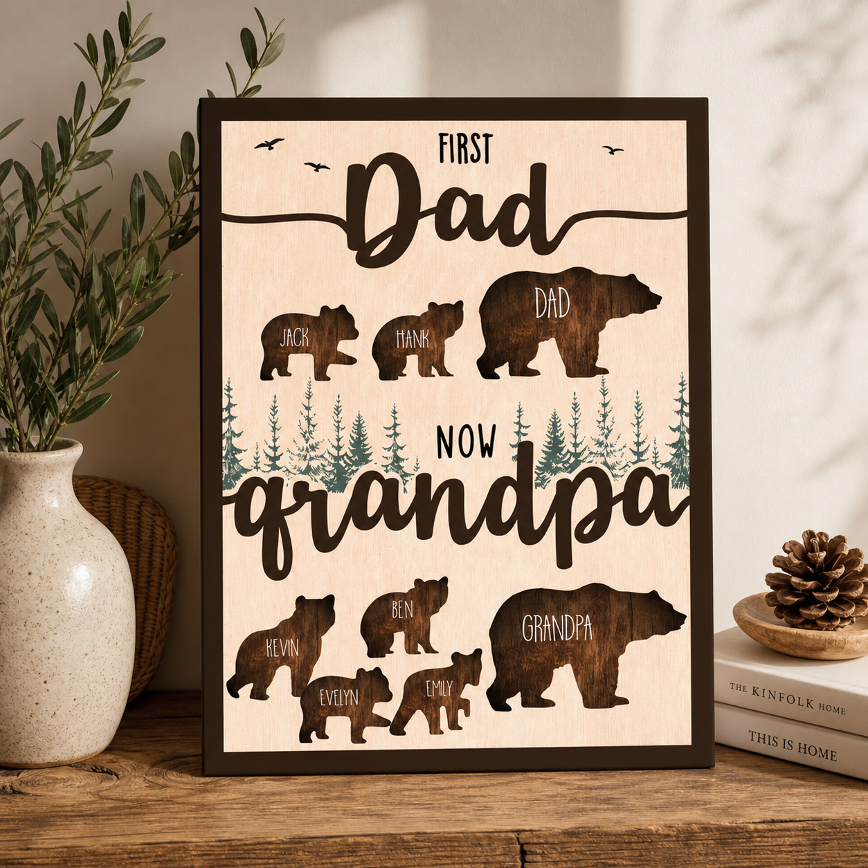 Personalized Grandpa Sign, First Dad Now Grandpa Wood Decor, Custom Kids Names Bear Family Wall Art, Gift for Grandfather