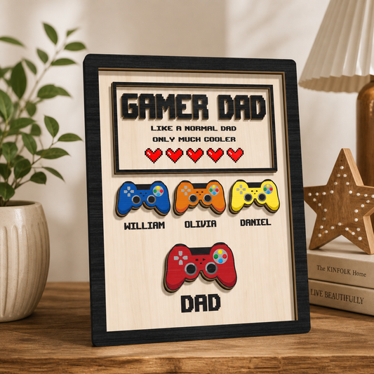 Personalized Gamer Dad Wood Sign, Custom Kids Names Game Controller Wall Art, Gift for Dad Birthday Fathers Day