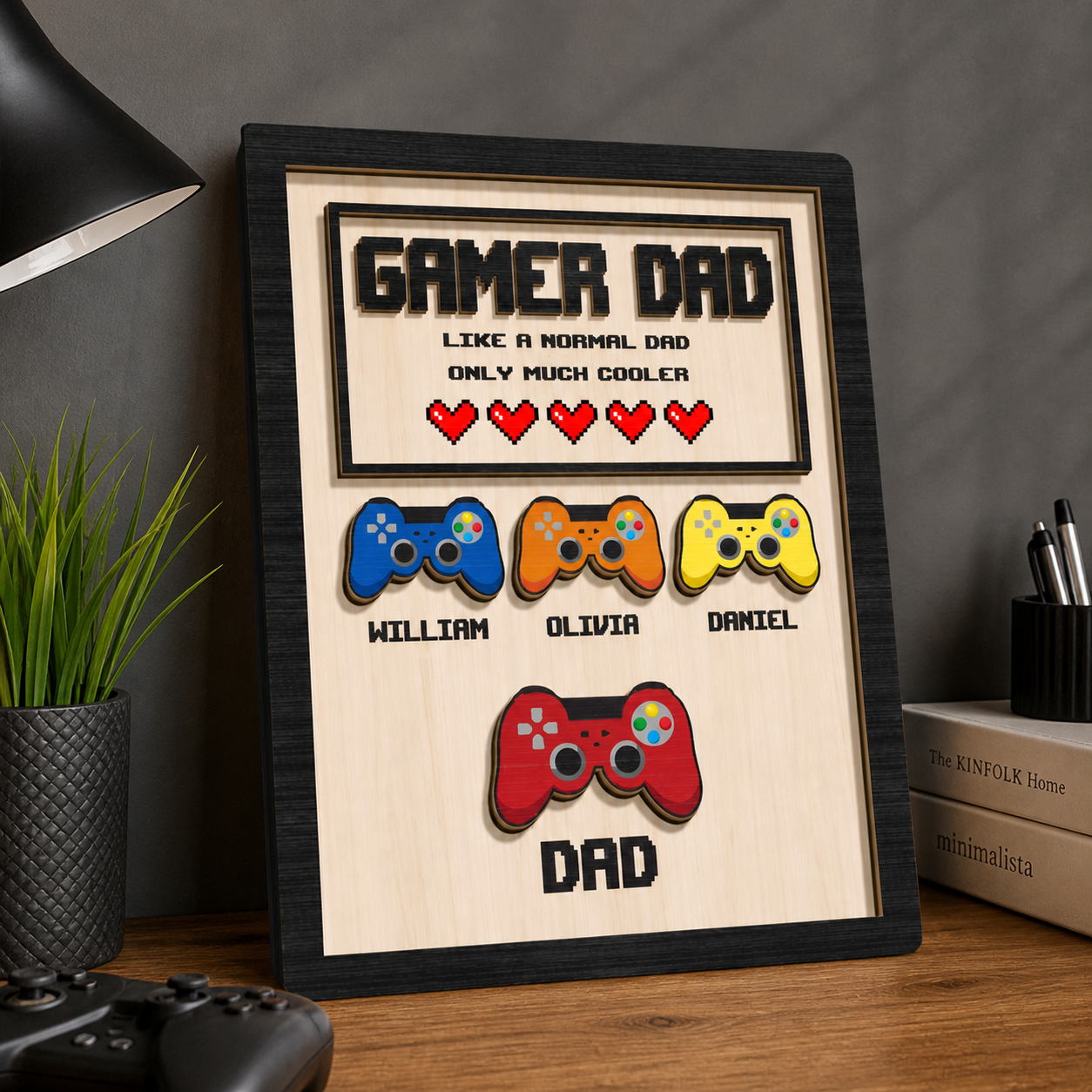 Personalized Gamer Dad Wood Sign, Custom Kids Names Game Controller Wall Art, Gift for Dad Birthday Fathers Day
