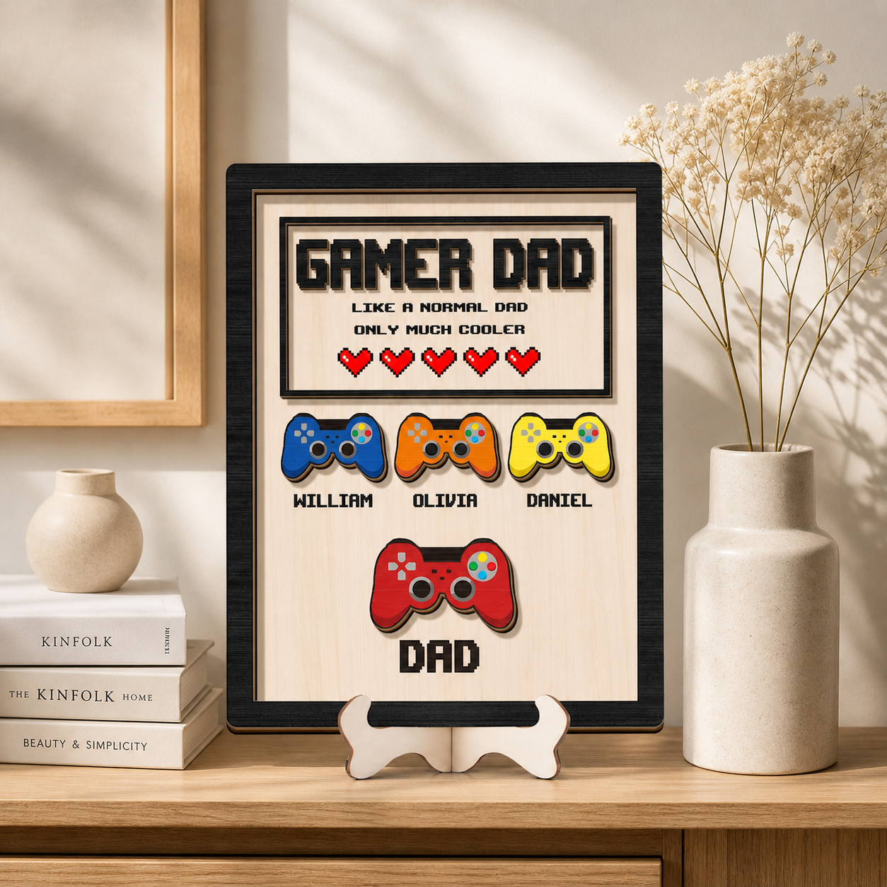 Personalized Gamer Dad Wood Sign, Custom Kids Names Game Controller Wall Art, Gift for Dad Birthday Fathers Day
