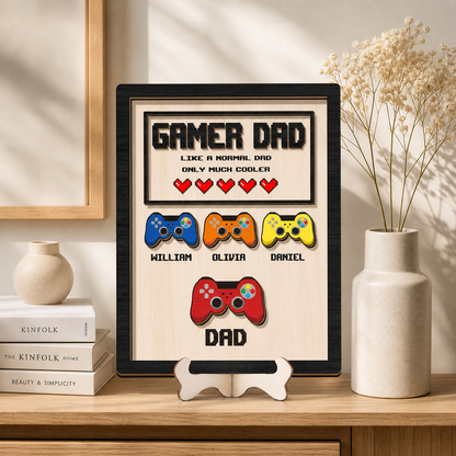 Personalized Gamer Dad Wood Sign, Custom Kids Names Game Controller Wall Art, Gift for Dad Birthday Fathers Day