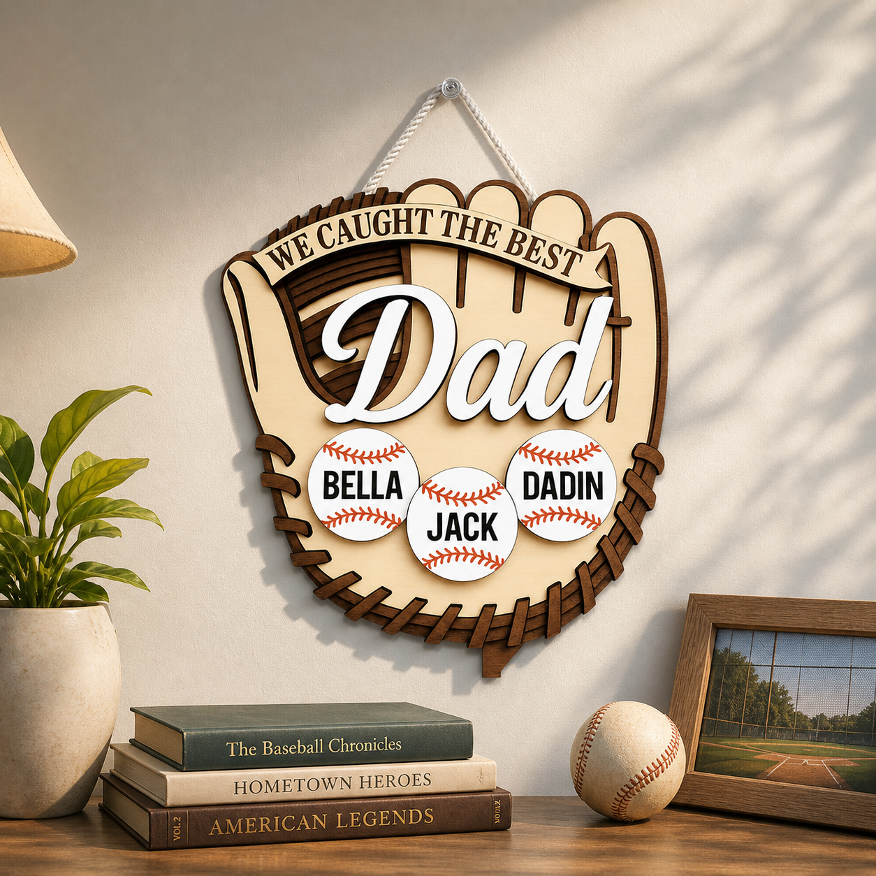 Personalized Baseball Dad Sign, We Caught the Best Dad Wood Wall Decor, Custom Kids Names Baseball Gift for Father