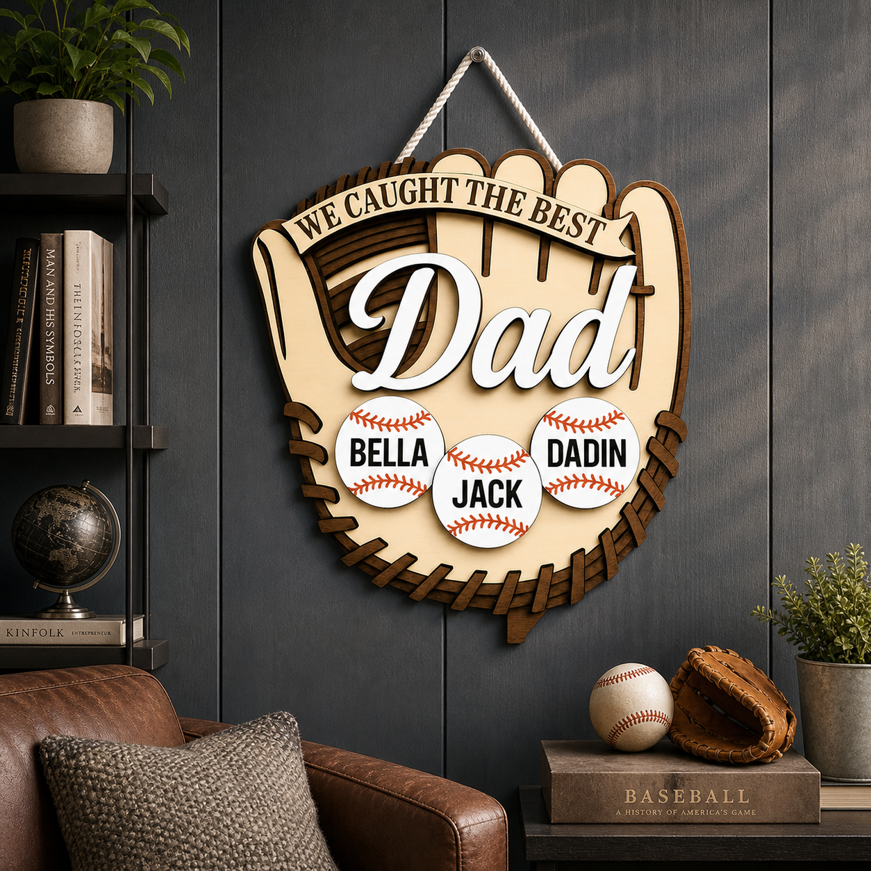 Personalized Baseball Dad Sign, We Caught the Best Dad Wood Wall Decor, Custom Kids Names Baseball Gift for Father