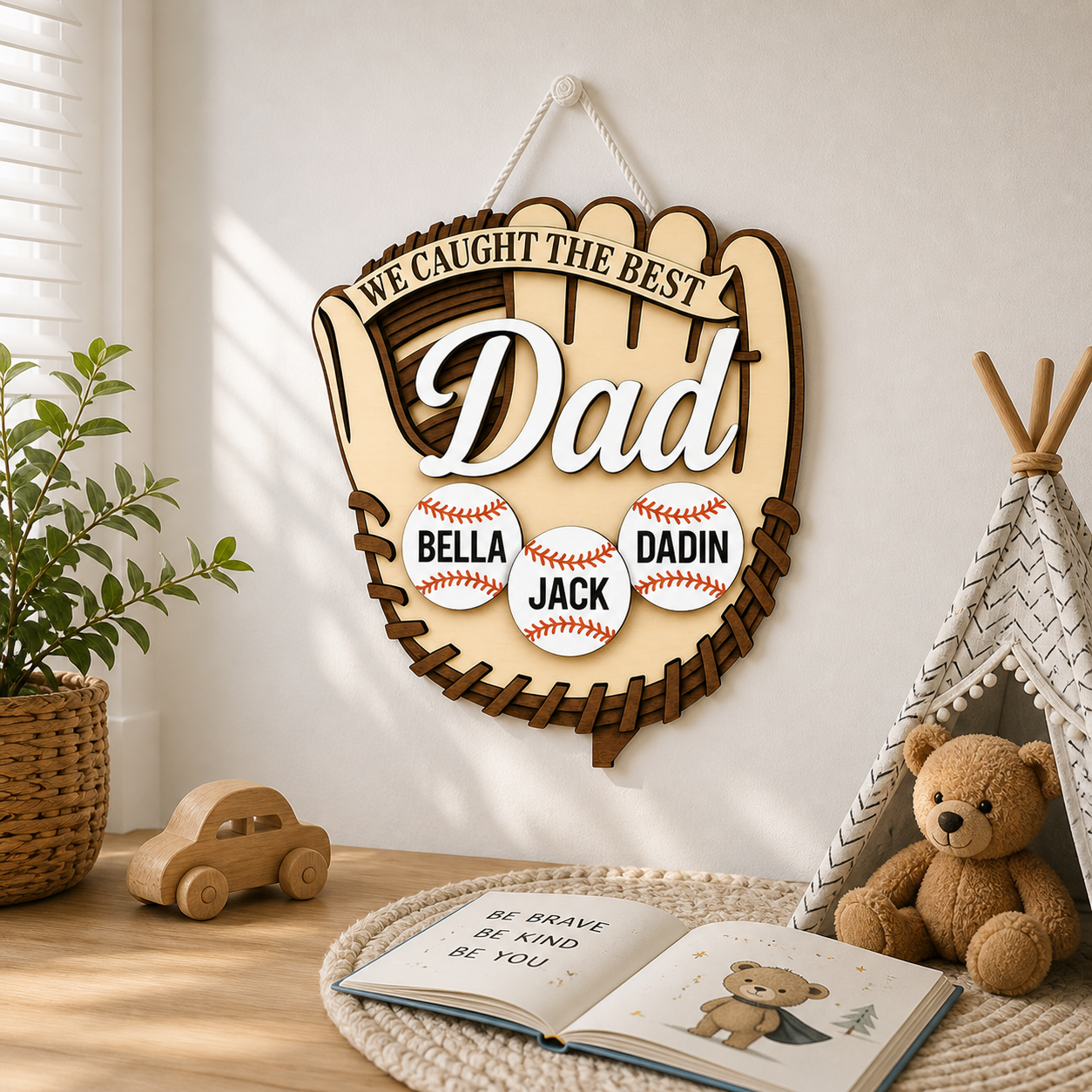 Personalized Baseball Dad Sign, We Caught the Best Dad Wood Wall Decor, Custom Kids Names Baseball Gift for Father