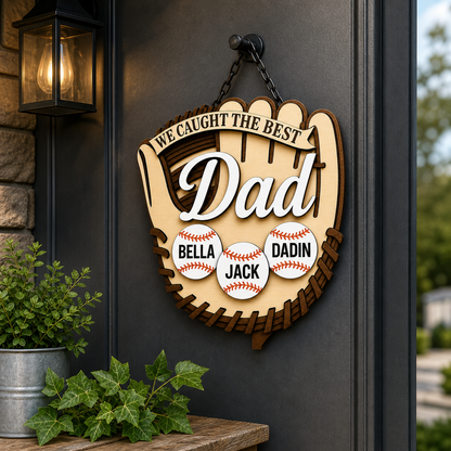 Personalized Baseball Dad Sign, We Caught the Best Dad Wood Wall Decor, Custom Kids Names Baseball Gift for Father