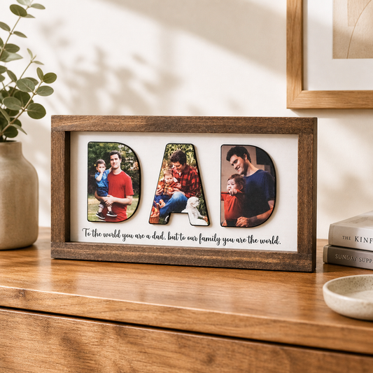 Personalized Dad Photo Wood Sign, Custom Picture Collage Gift for Father, Wooden Desk Decor with Family Photos