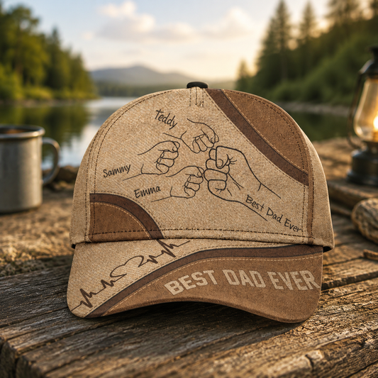 Personalized Best Dad Ever Hat – Custom Fist Bump Design with Kids' Names, Perfect Father’s Day Gift