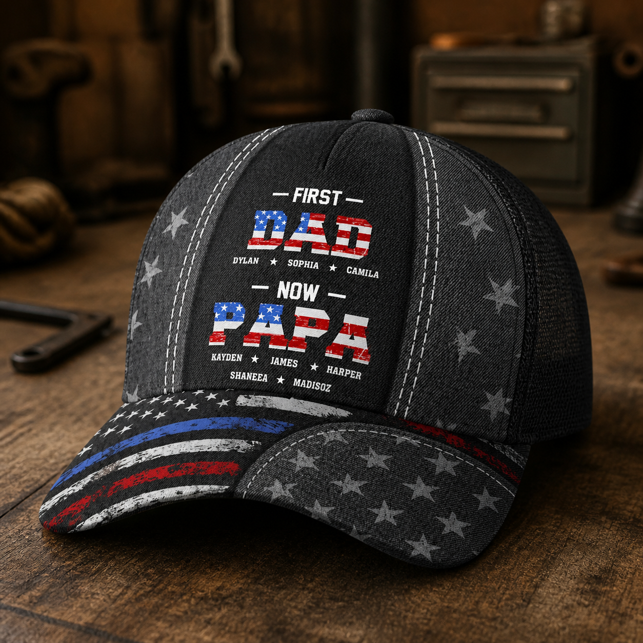 First Dad Now Papa Hat – Custom Name Baseball Cap with Patriotic Stars, Perfect for Father’s Day