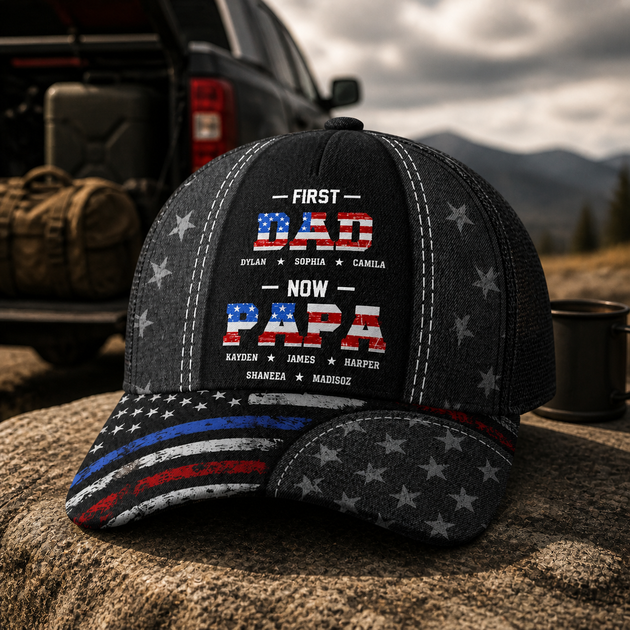 First Dad Now Papa Hat – Custom Name Baseball Cap with Patriotic Stars, Perfect for Father’s Day