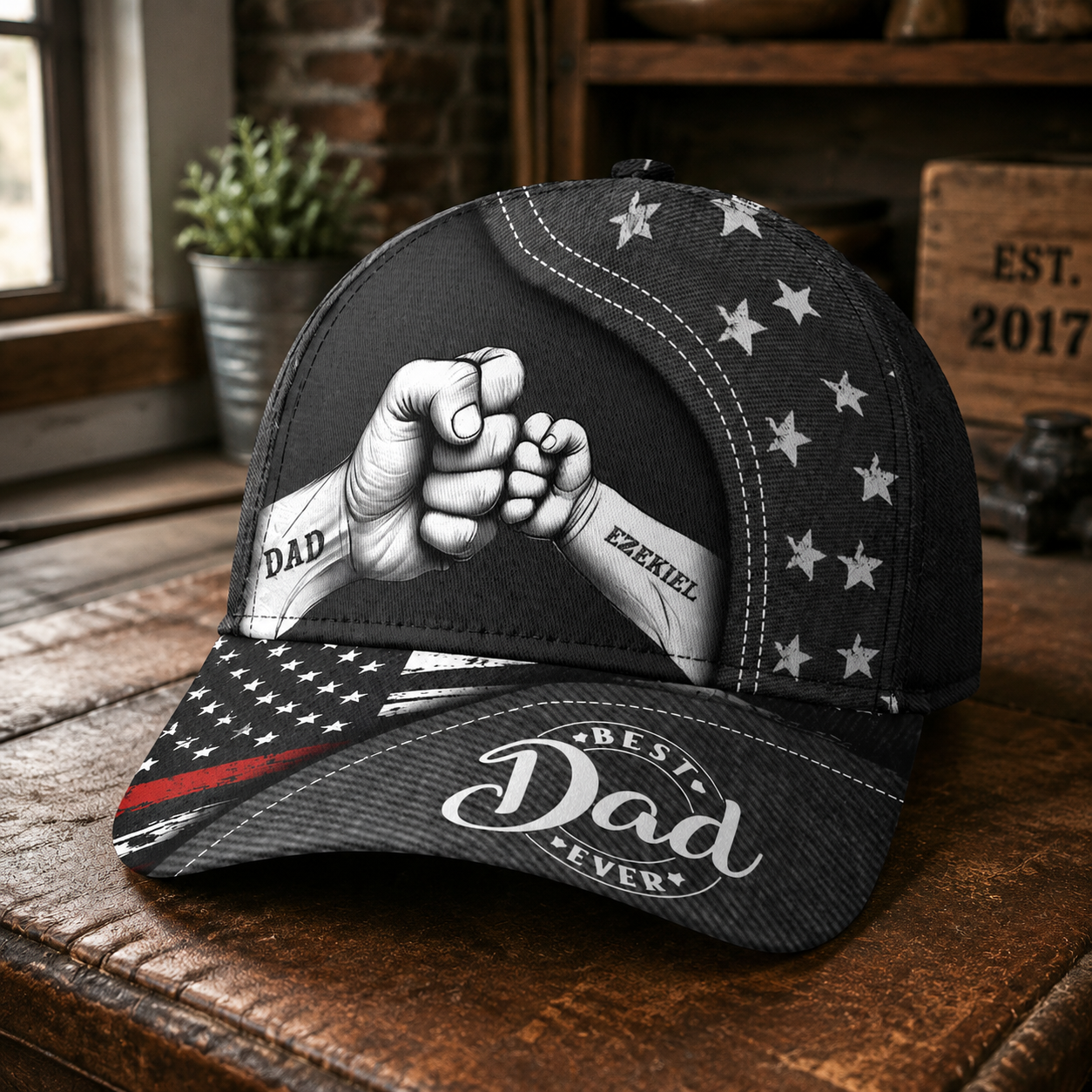Personalized Best Dad Ever Hat – Custom Dad Fist Bump Design with Kids' Names, Patriotic American Flag