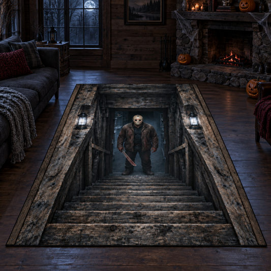 Jason Voorhees 3D Halloween Rug – Scary Cabin Basement Velvet Carpet, Horror Staircase Illusion Area Rug, Spooky Home Decor