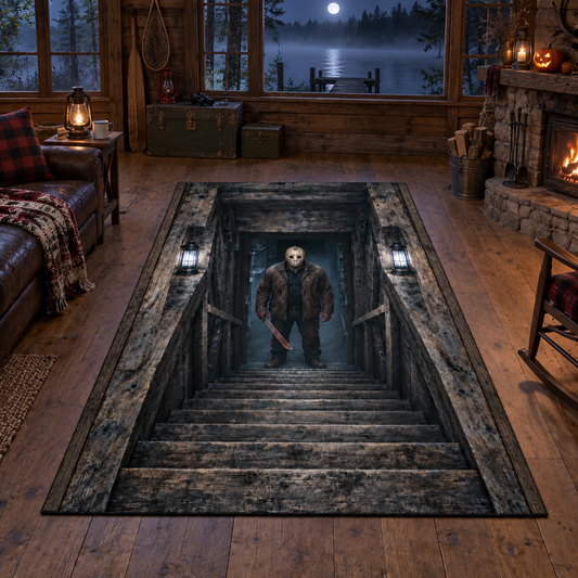 Jason Voorhees 3D Halloween Rug – Scary Cabin Basement Velvet Carpet, Horror Staircase Illusion Area Rug, Spooky Home Decor