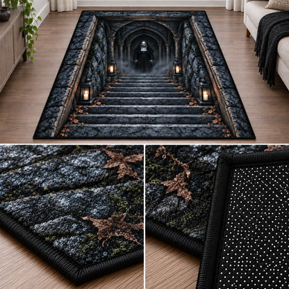 Valak 3D Halloween Rug – Creepy Nun Gothic Staircase Velvet Carpet, Horror Illusion Area Rug, Spooky Home Decor