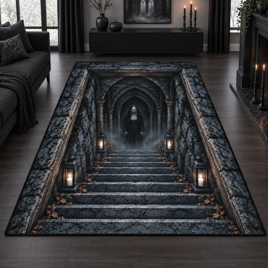 Valak 3D Halloween Rug – Creepy Nun Gothic Staircase Velvet Carpet, Horror Illusion Area Rug, Spooky Home Decor
