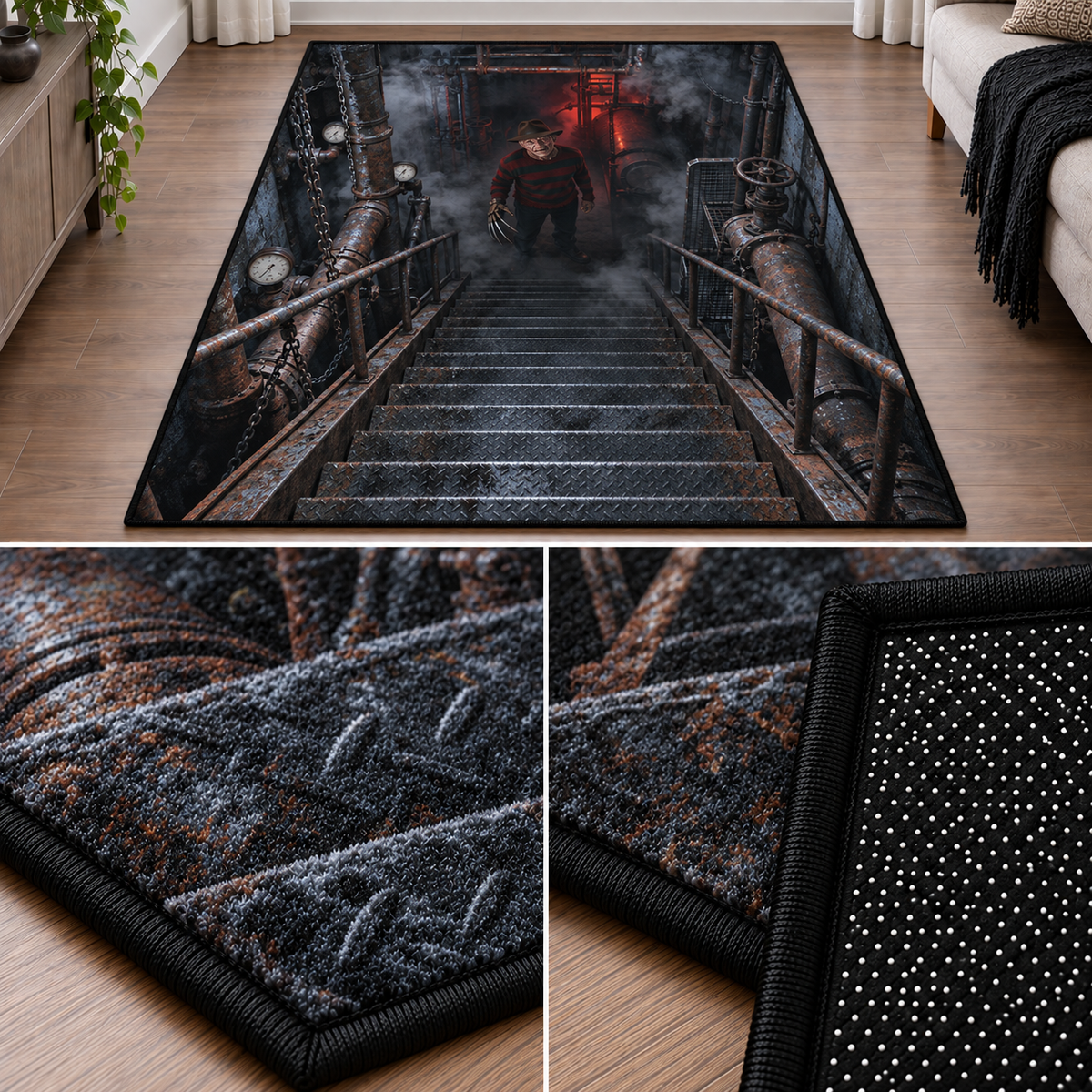 Freddy Krueger Boiler Room Stairs 3D Velvet Carpet, Halloween Horror Area Rug