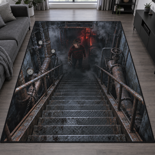 Freddy Krueger Boiler Room Stairs 3D Velvet Carpet, Halloween Horror Area Rug