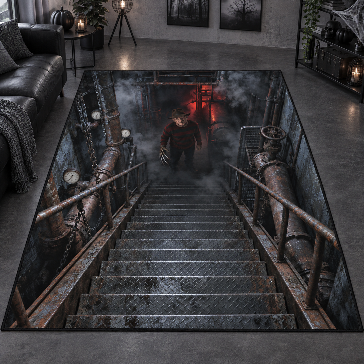 Freddy Krueger Boiler Room Stairs 3D Velvet Carpet, Halloween Horror Area Rug