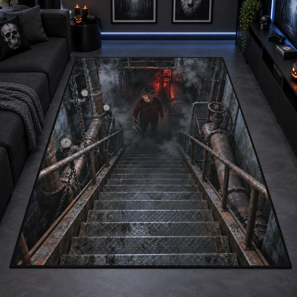 Freddy Krueger Boiler Room Stairs 3D Velvet Carpet, Halloween Horror Area Rug