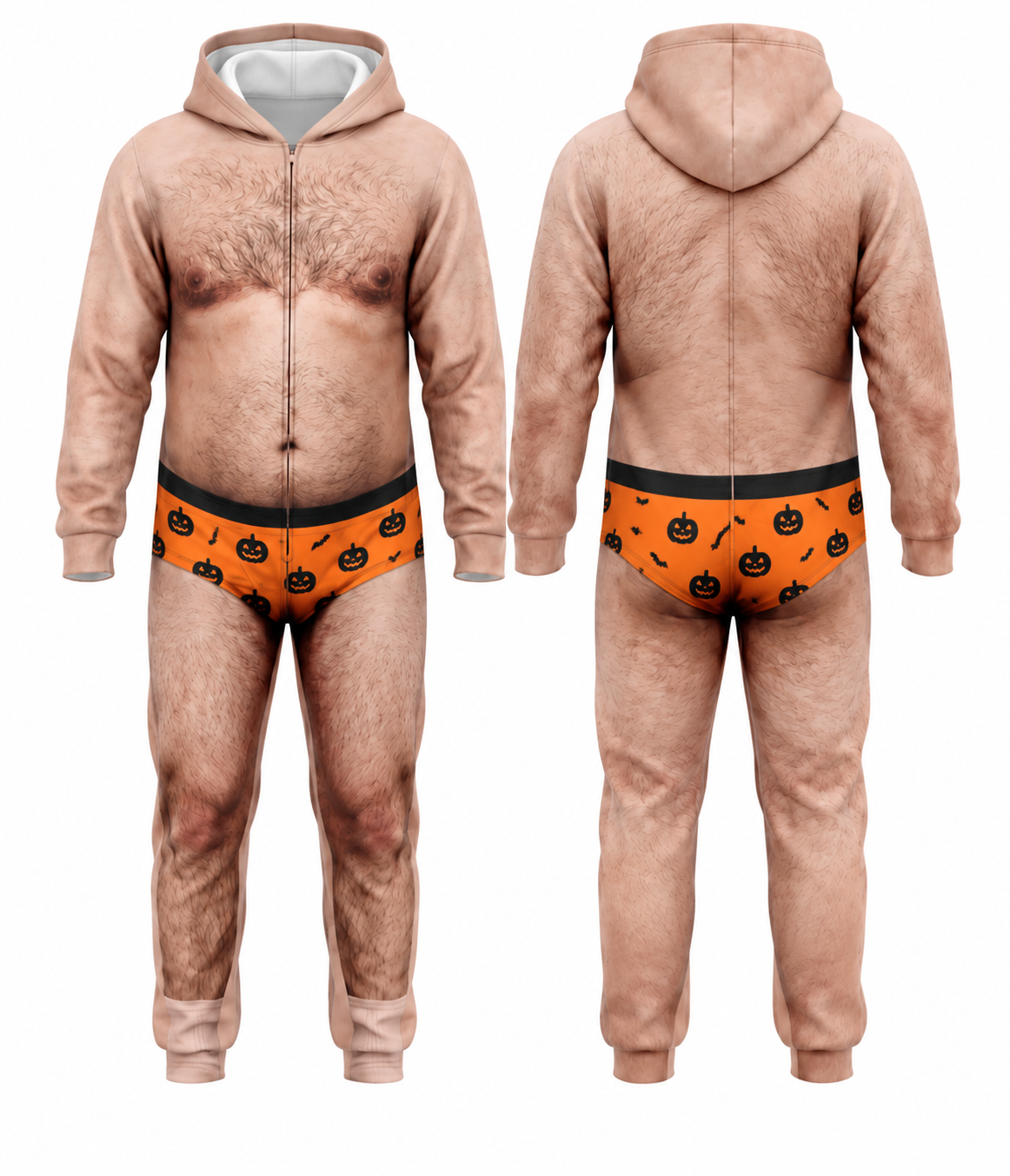 Funny Halloween Onesie Costume, Hairy Body Jumpsuit, Pumpkin Print Unisex Outfit