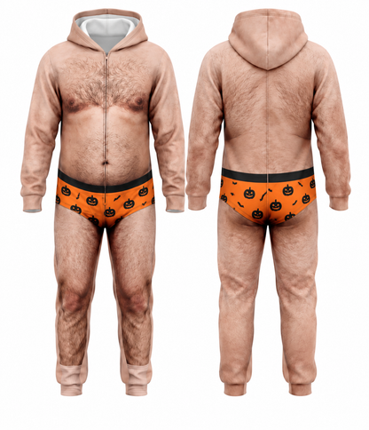 Funny Halloween Onesie Costume, Hairy Body Jumpsuit, Pumpkin Print Unisex Outfit