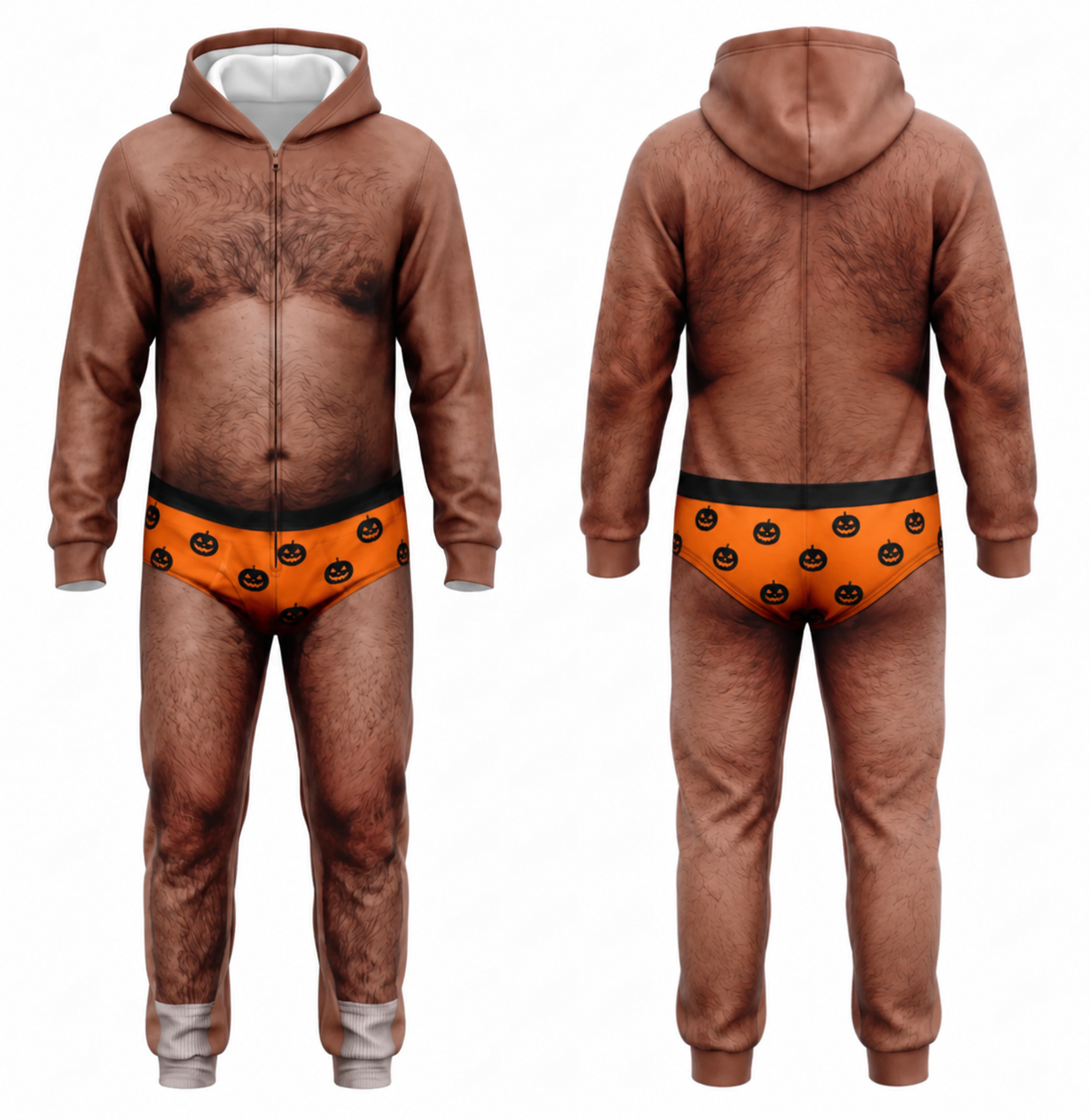 Funny Halloween Onesie Costume, Hairy Body Jumpsuit, Pumpkin Print Unisex Outfit