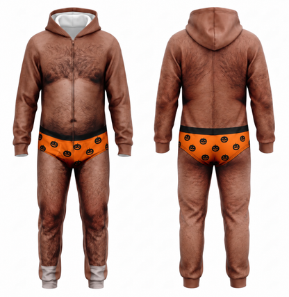 Funny Halloween Onesie Costume, Hairy Body Jumpsuit, Pumpkin Print Unisex Outfit