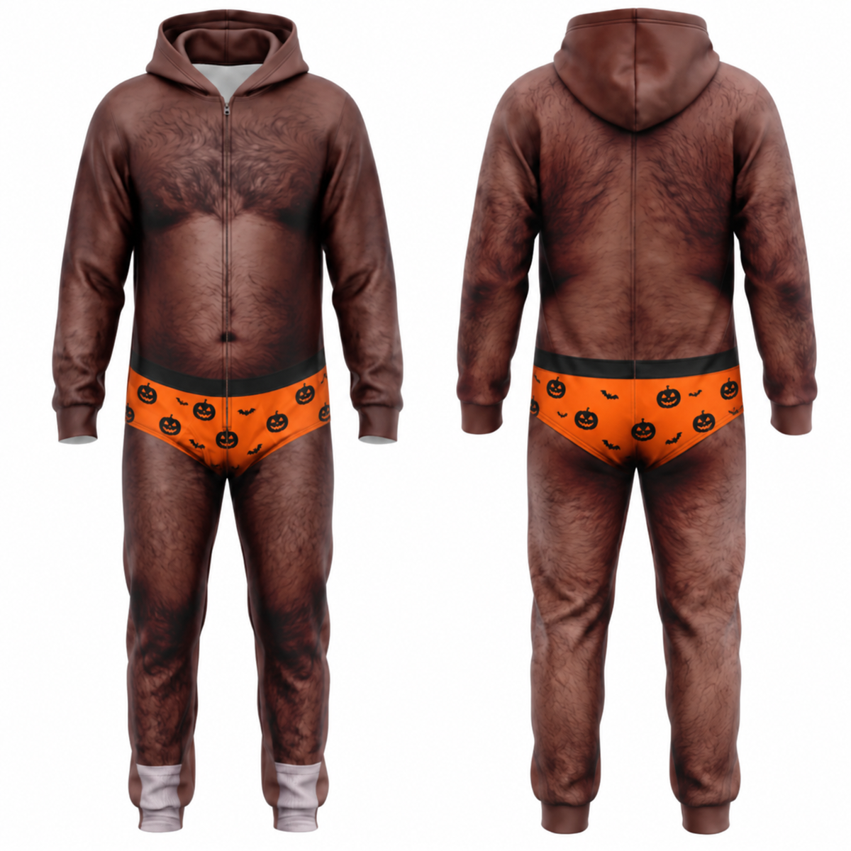 Funny Halloween Onesie Costume, Hairy Body Jumpsuit, Pumpkin Print Unisex Outfit