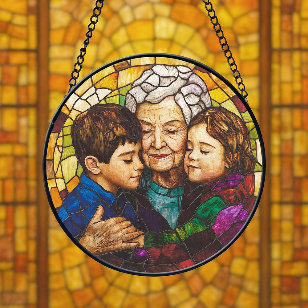 Personalized Grandma, Grandkids Portrait Faux Stained Glass, Grandma Portrait From Photo Window Hanging, Christmas Gift For Grandma