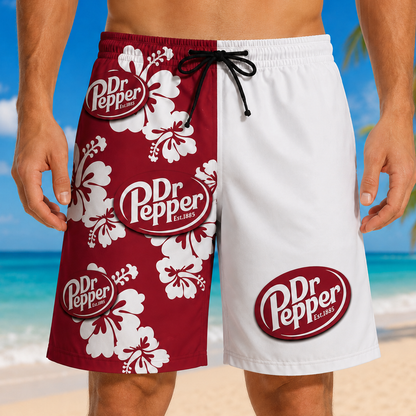 Funny Dr Pepper Hawaiian Shorts, 3D Printed Beach Swim Trunks, Cheeky Heart Cutout Illusion, Tropical Vacation Board Shorts for Men