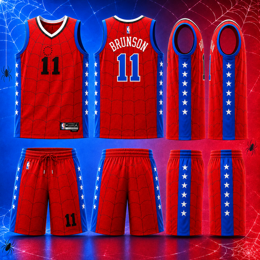 Jalen Brunson 11 Spider Basketball Jersey and Shorts – Brand New Day Inspired New York Knicks Fan Gift, Red Spider Web Mesh Jersey