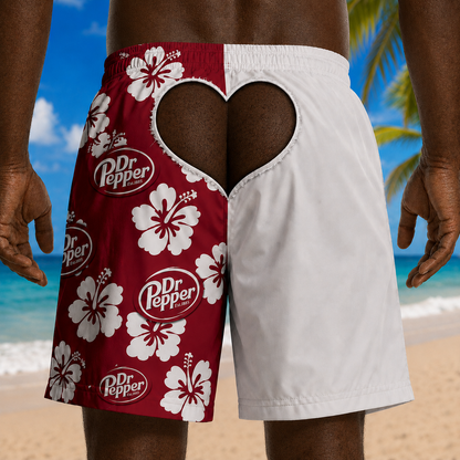 Funny Dr Pepper Hawaiian Shorts, 3D Printed Beach Swim Trunks, Cheeky Heart Cutout Illusion, Tropical Vacation Board Shorts for Men