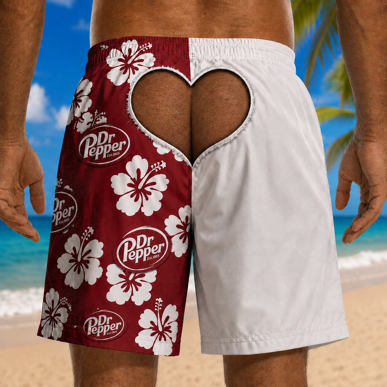 Funny Dr Pepper Hawaiian Shorts, 3D Printed Beach Swim Trunks, Cheeky Heart Cutout Illusion, Tropical Vacation Board Shorts for Men