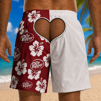 Funny Dr Pepper Hawaiian Shorts, 3D Printed Beach Swim Trunks, Cheeky Heart Cutout Illusion, Tropical Vacation Board Shorts for Men