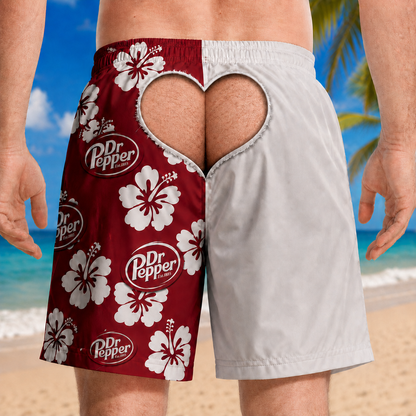 Funny Dr Pepper Hawaiian Shorts, 3D Printed Beach Swim Trunks, Cheeky Heart Cutout Illusion, Tropical Vacation Board Shorts for Men