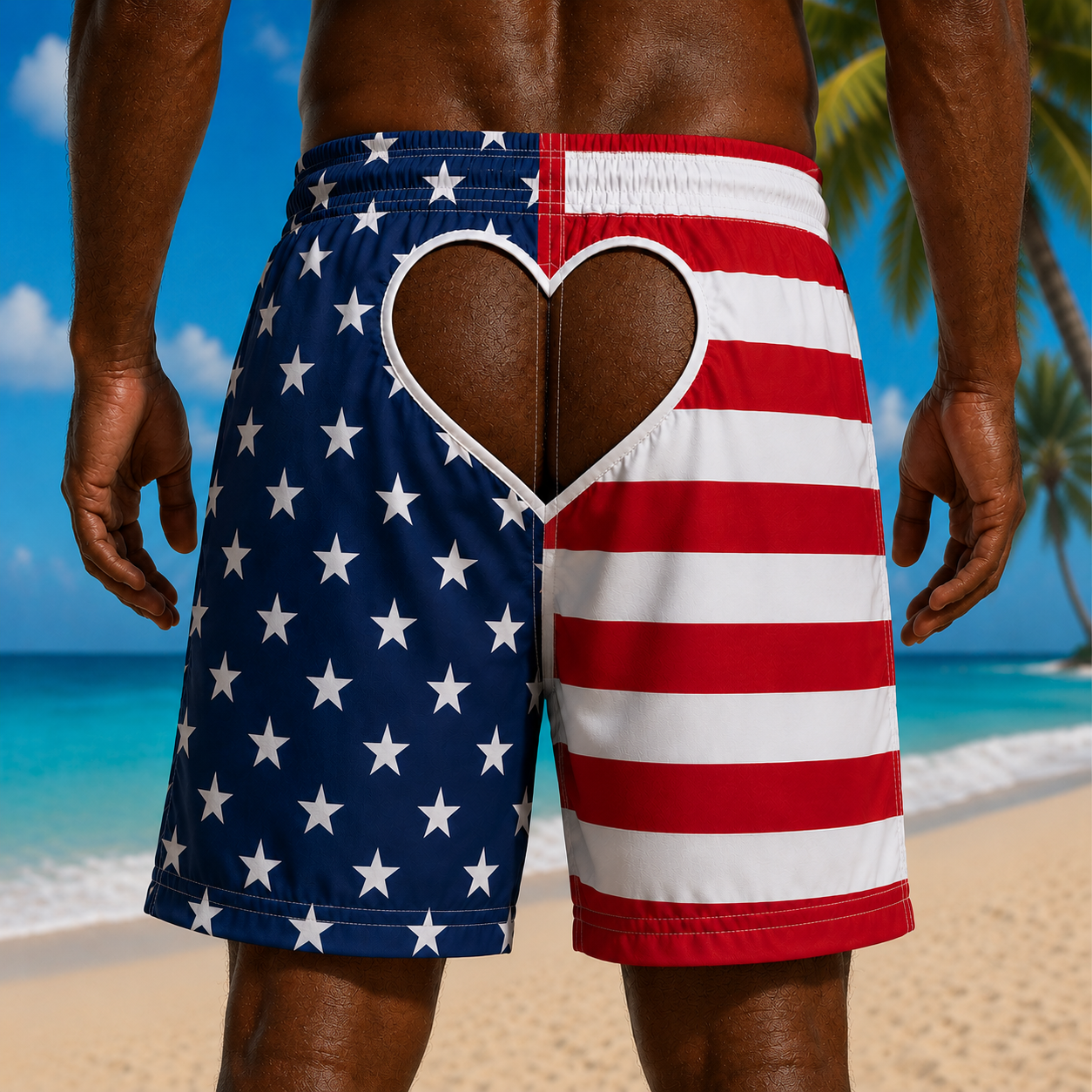 American Flag Hawaiian Swim Trunks with Heart Back Cutout, Funny Patriotic Beach Shorts, Men's Quick Dry Summer Board Shorts