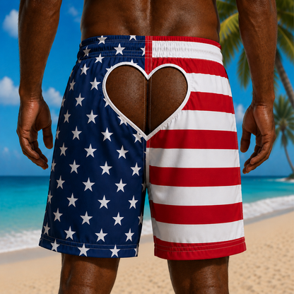 American Flag Hawaiian Swim Trunks with Heart Back Cutout, Funny Patriotic Beach Shorts, Men's Quick Dry Summer Board Shorts