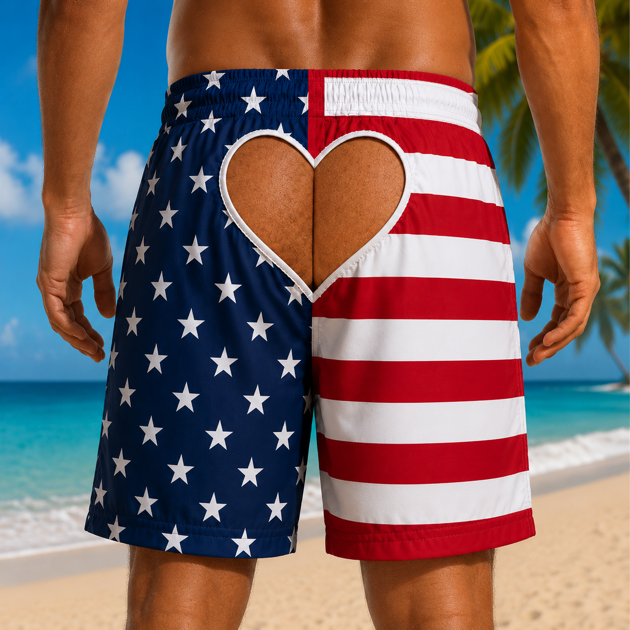 American Flag Hawaiian Swim Trunks with Heart Back Cutout, Funny Patriotic Beach Shorts, Men's Quick Dry Summer Board Shorts