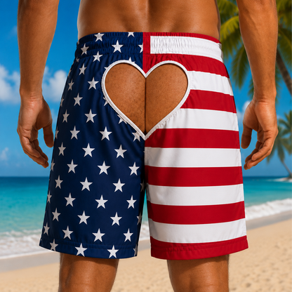 American Flag Hawaiian Swim Trunks with Heart Back Cutout, Funny Patriotic Beach Shorts, Men's Quick Dry Summer Board Shorts