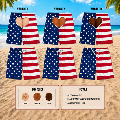 American Flag Hawaiian Swim Trunks with Heart Back Cutout, Funny Patriotic Beach Shorts, Men's Quick Dry Summer Board Shorts
