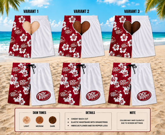 Funny Dr Pepper Hawaiian Shorts, 3D Printed Beach Swim Trunks, Cheeky Heart Cutout Illusion, Tropical Vacation Board Shorts for Men