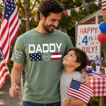 Personalized Daddy 250 Years Of Freedom Shirt With Kids Names Sleeve, Patriotic Dad Family, U.S. 250th Anniversary 1776 2026 Gift For Fathers Day Birthday