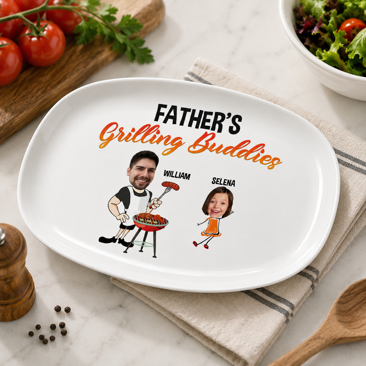 Custom Grilling Plate for Dad – Personalized BBQ Platter with Family Characters, Father’s Day Gift for Dad Grilling Plate