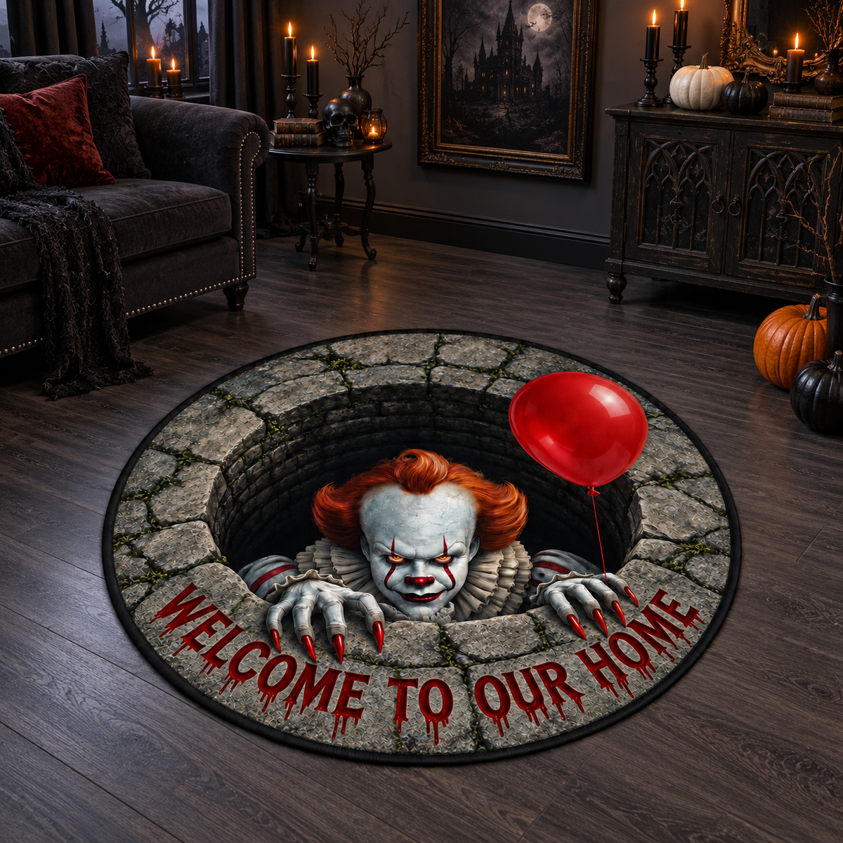 Pennywise 3D Well Velvet Carpet, Halloween Horror Round Area Rug