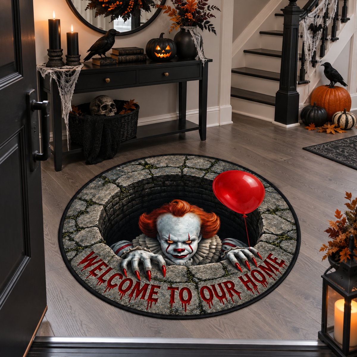 Pennywise 3D Well Velvet Carpet, Halloween Horror Round Area Rug