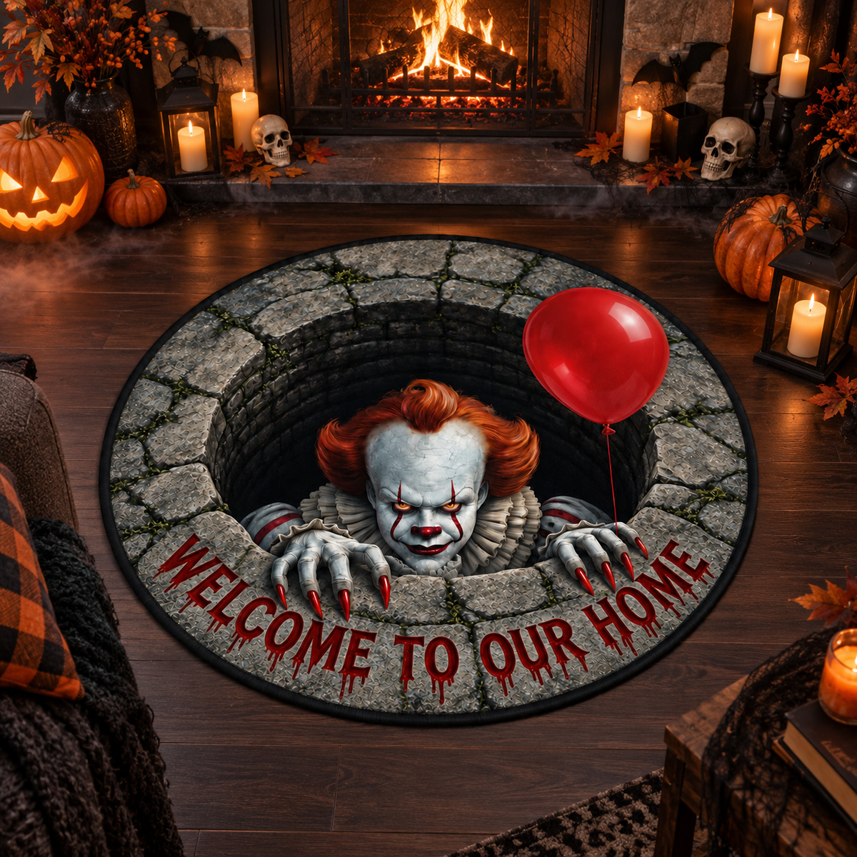 Pennywise 3D Well Velvet Carpet, Halloween Horror Round Area Rug