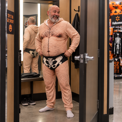 Funny Halloween Adult Onesie Jumpsuit – Hairy Body Skeleton Costume, Novelty Hooded Halloween Outfit for Men