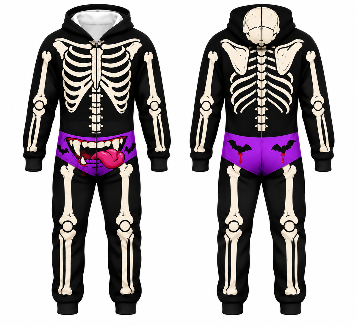Funny Halloween Skeleton Onesie – Men’s Bone Print Hooded Jumpsuit Costume