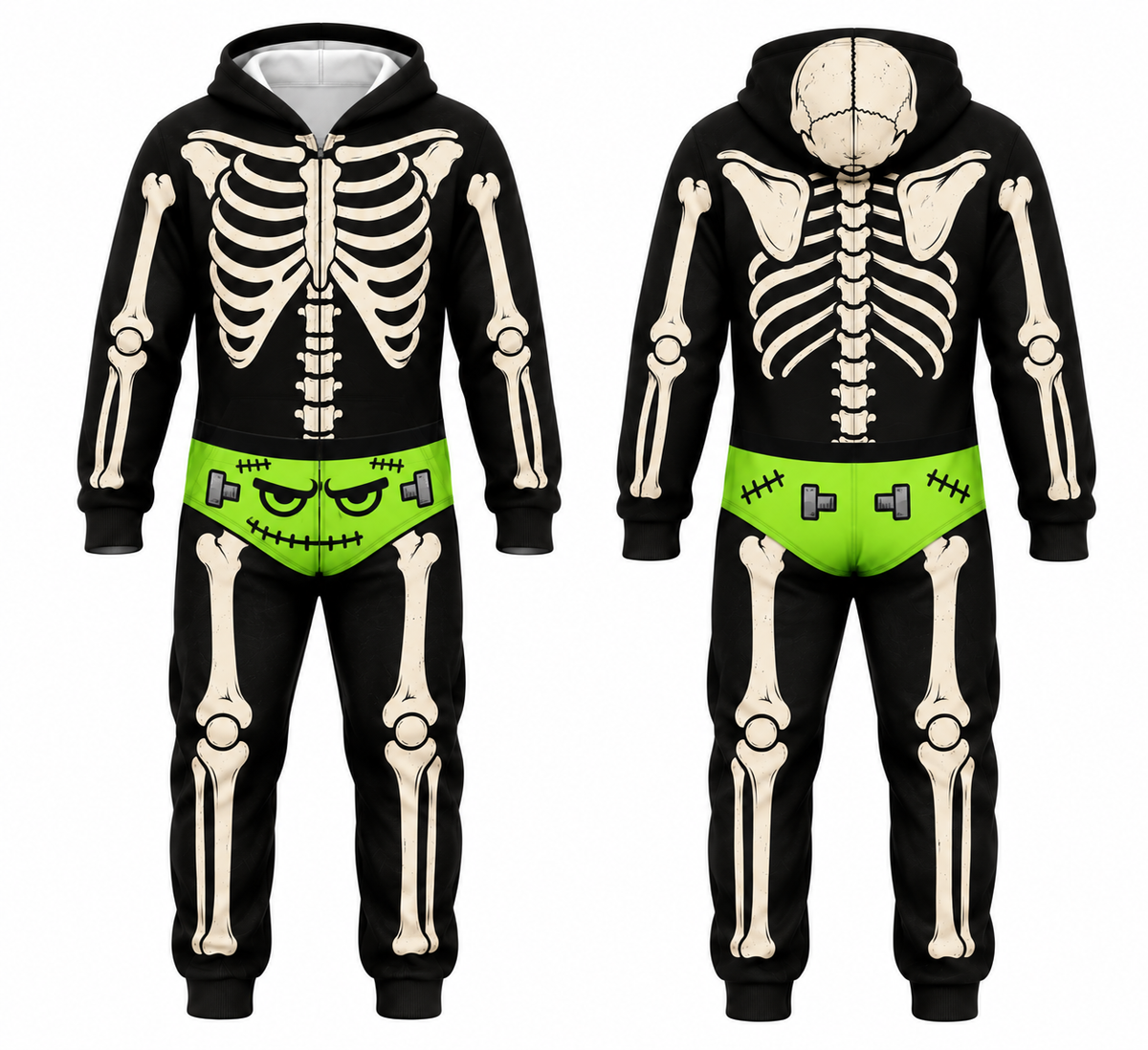 Funny Halloween Skeleton Onesie – Men’s Bone Print Hooded Jumpsuit Costume
